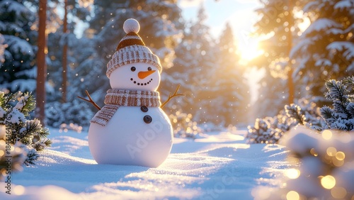 a cute snowman in the morning in winter season