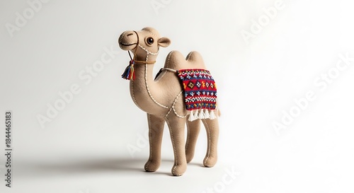 Camel Figurine with Saddle Blanket on White Background.