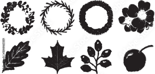 Seasonal wreaths in black outline style. Handcrafted botanical vector illustrations set showcasing various leaf and flower designs.