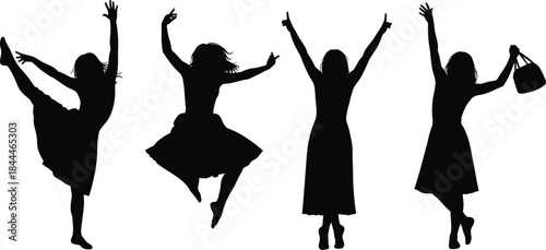 Female silhouette poses, dance and celebration set, editable, isolated, expressive gesture, handbag, kick, jump, black vector icons