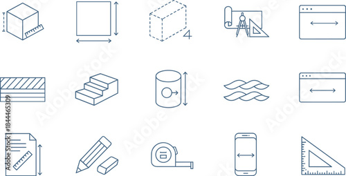 Line art icon set of measurement tools, architecture, and design concepts, including rulers, cubes, blueprints, tape measures, and mobile screen dimensions, perfect for engineering and planning.