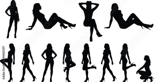 Female silhouette poses, high heel fashion set, editable, isolated, seated and standing, posture, gesture, black vector icons