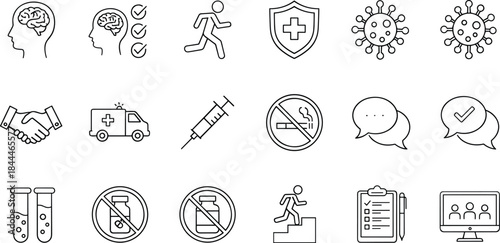 Medical, healthcare, health protection, virus, safety, and personal well-being vector line icons set, including brain, ambulance, syringe, and no-smoking signs.
