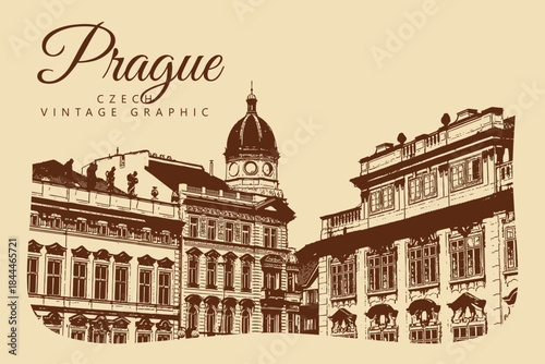 City ancient architecture, Prague, Czech Republic. Vintage brown and beige graphics, engraved, vector. Old retro design.