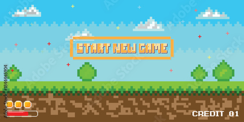 start new game, pixel game background, natural landscape with blue sky, trees and green grass. Pixelated 8 bit video-game. 
