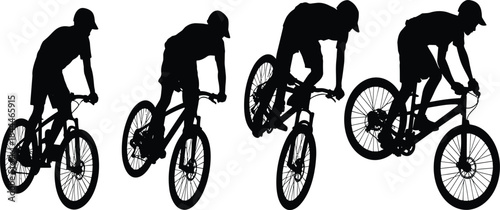 Black Silhouette Vector Illustration Set of Mountain Bikers Riding Downhill, Performing Stunts, and Extreme Cycling Action for Sports, Adventure, and Outdoor Themes.