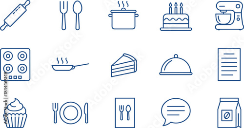 Outline icon set for baking, cooking, and restaurant concepts, featuring rolling pins, utensils, mixers, birthday cakes, stoves, and recipe menus in a clean vector line art style.