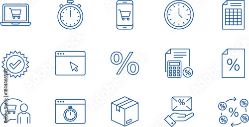 Outline icon set for e-commerce, online shopping, financial management, time delivery, discounts, and percentage calculations, featuring calculators, 