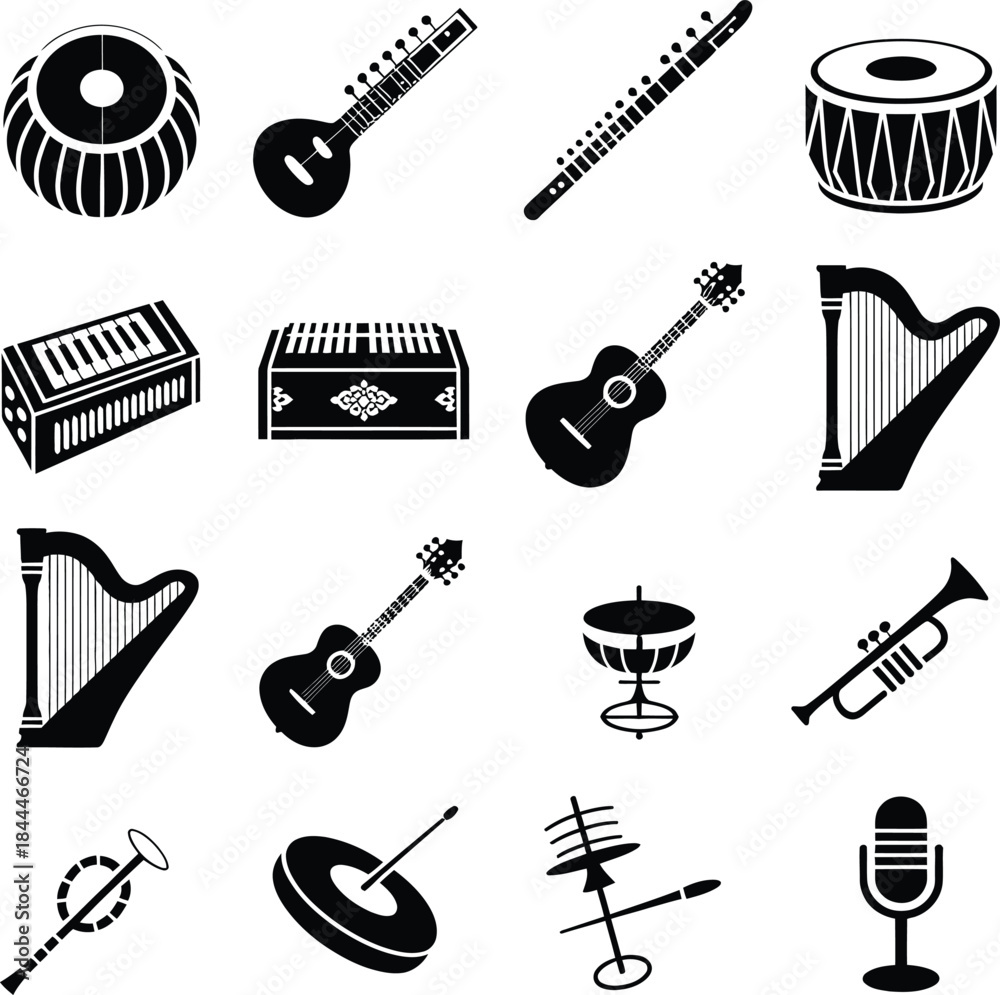 Fototapeta premium Assortment of traditional musical instrument icons in black silhouette