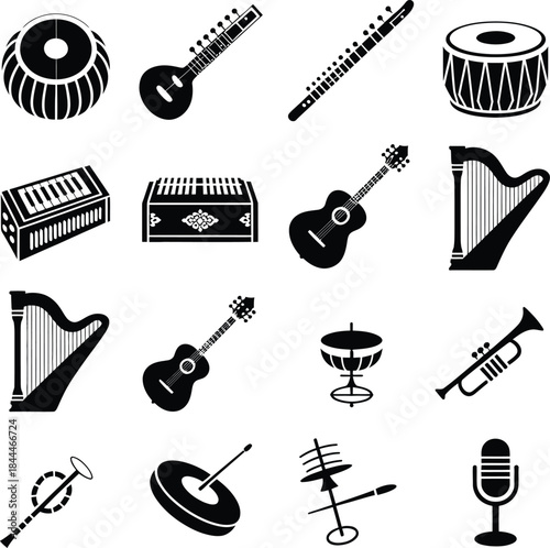 Assortment of traditional musical instrument icons in black silhouette