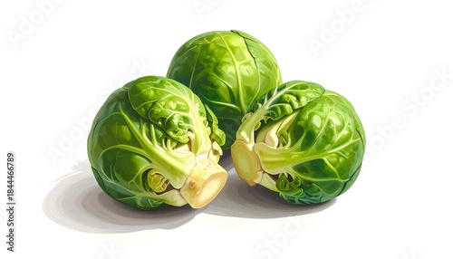 Close-up Image of Three Fresh Green Brussels Sprouts Displaying Organic Detail