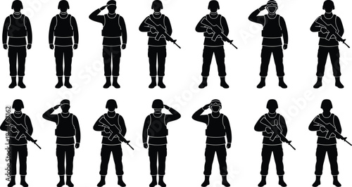 Soldier silhouette set, military pose icons, editable, isolated, saluting, rifle stance, attention posture, black vector graphics