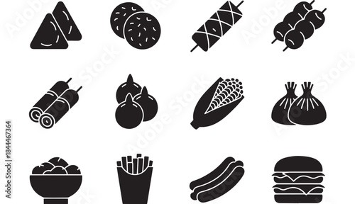 Collection of Various Food Items Illustrated in Black and White Icons