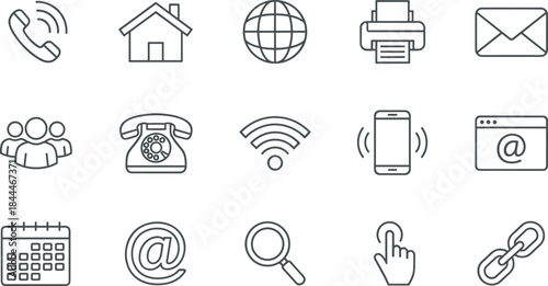 Outline icon set for telecommunication, networking, connectivity, and digital media, featuring phones, mail, calendar, search, link, and Wi-Fi signals for digital interface design.