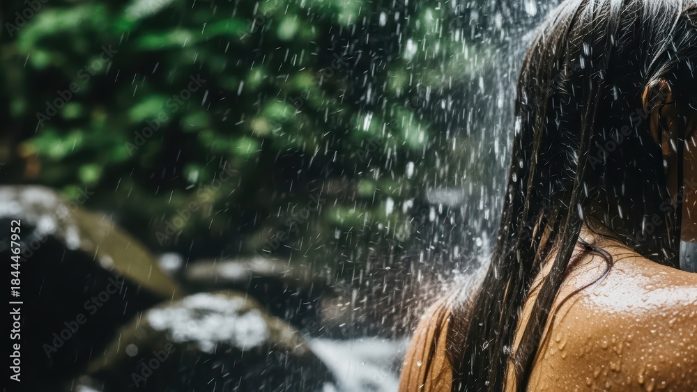 Fototapeta premium Refreshing outdoor shower in nature, water splashing