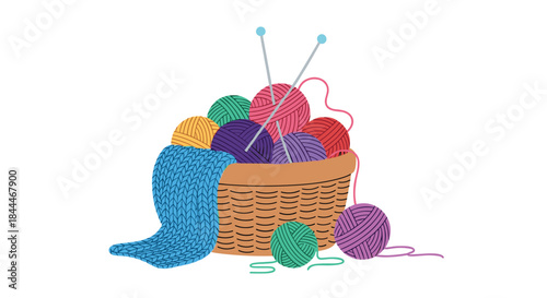 Cozy wicker knitting basket brims with colorful yarn balls and knitting needles while knitted scarf lies beside it inspiring makers to create warm garments.