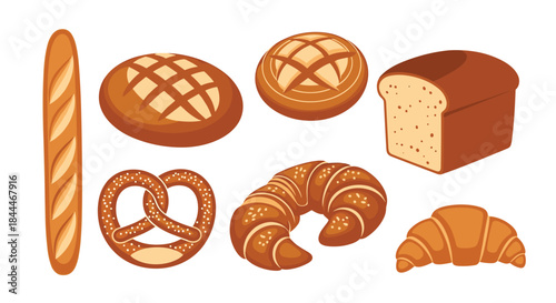 Assorted baked goods including a long baguette round loaves lattice breads pretzels croissants and crescent pastries neatly arranged for display.