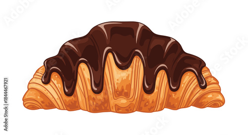 Sumptuous chocolate glazed croissant sits warmly on a golden flaky pastry ready for breakfast and dessert indulgence with chocolate coating and buttery layers.
