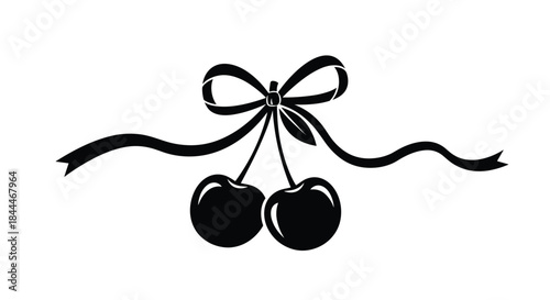 Decorative black and white illustration showing two cherries suspended from a bow with long flowing ribbons across a clean white background.