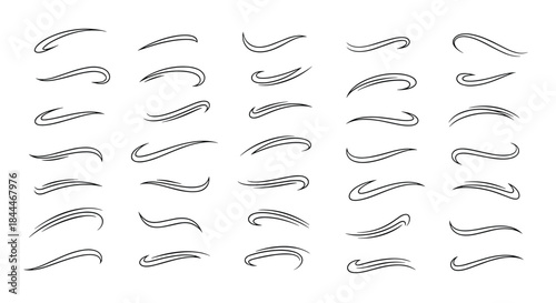 Collection of slender curved brush strokes arranged in a grid forming abstract line art on a white background showing variations in curvature length.
