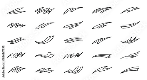 Grid of abstract scribble shapes forming a study in curved line motifs that suggest motion and variation across a clean white background.