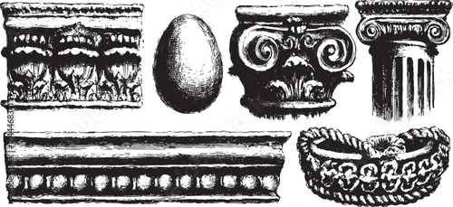 Vintage architectural columns and decorative elements in black and white. Elegant line art illustration set featuring classical motifs.