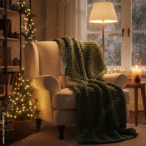 Soft armchair and knitted blanket in a living room with dimmed lights and garlands.