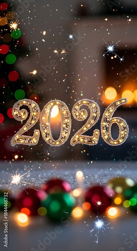 Illuminated 2026 festive display with bokeh lights and decorative elements