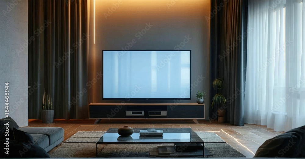 Fototapeta premium Modern living room interior. Dark tones dominate, accented by warm lighting. Minimalist design, cozy atmosphere, sleek furniture present.