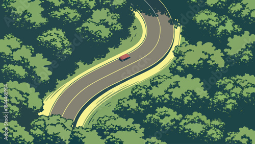 Aerial Vector Illustration of Red Car on Winding Road Through Dark Green Forest