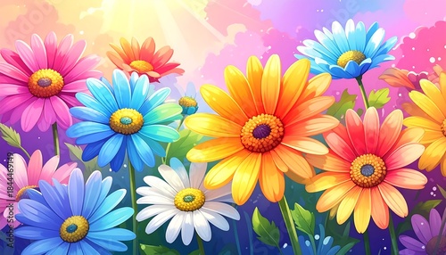 Colorful, vibrant daisies in a field under a shining sun. Bold, bright colors, whimsical and cheerful illustration style