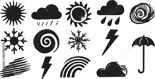 Weather icons set. Simple black and white vector illustration featuring sun, cloud, rain, snow, lightning, and rainbow.