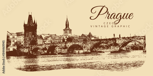 City ancient architecture, Prague, Czech Republic. Vintage brown and beige graphics, engraved, vector. Old retro design.