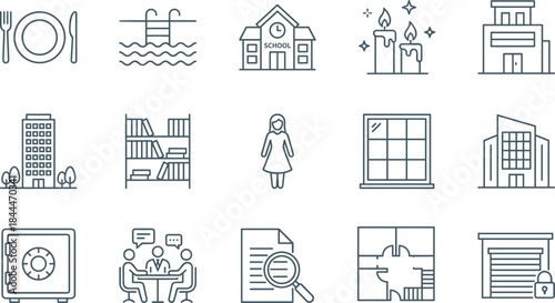 Set of 15 linear hotel, travel, and hospitality icons, including bedroom, credit card, luggage, elevator, bathroom, and Wi-Fi symbols, isolated on white background for booking and service.