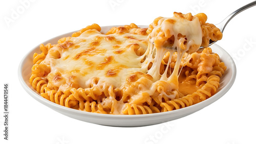 Fork lifting a generous serving of baked cheesy pasta from a plate, with delicious stretchy melted cheese. transparent background png file
