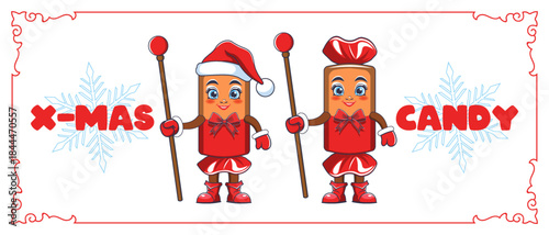 Vector funny cartoon holiday candies wearing Santa Claus hat, staff and bow. Christmas sweets. Toon candy.