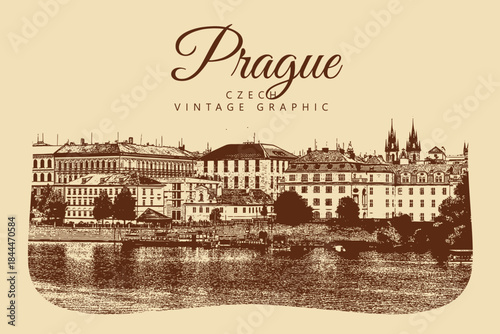 City ancient architecture, Prague, Czech Republic. Vintage brown and beige graphics, engraved, vector. Old retro design.