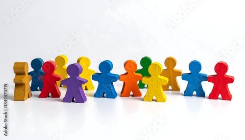 Colorful wooden figures stand together against a bright white backdrop, representing unity and diversity