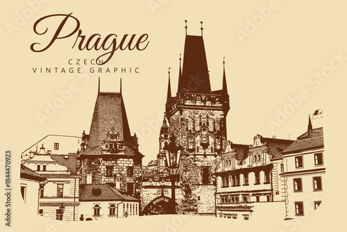 City ancient architecture, Prague, Czech Republic. Vintage brown and beige graphics, engraved, vector. Old retro design.