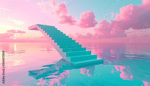 Cyan stairs ascending above tranquil, pink-tinted waters, reflecting a pastel sky filled with fluffy clouds at sunset