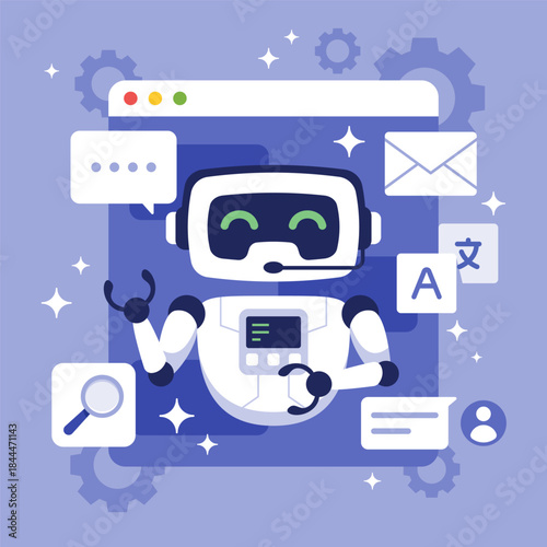 Smart Chatbot Robot with Headset and AI Technology for Customer Service and Online Support Vector Illustration