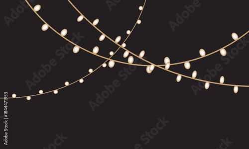 Christmas bulbs twinkle Glowing String Lights Decorative Garland Overlay. Elegant golden string lights with soft glow arranged in flowing lines , for festive designs and overlays.

