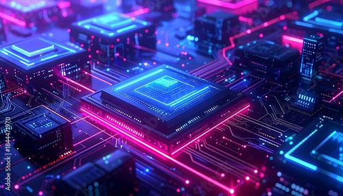 Complex network of glowing circuits and microchips, illuminated in vibrant neon blue and pink hues