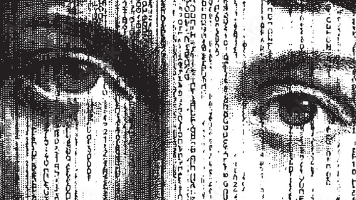Digital eyes within binary patterns. Monochrome vector illustration depicting technology and communication concepts.