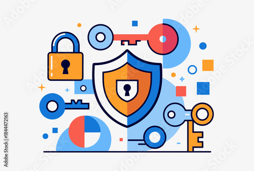 Digital security concept with shield, padlock, and keys representing data protection and access control.