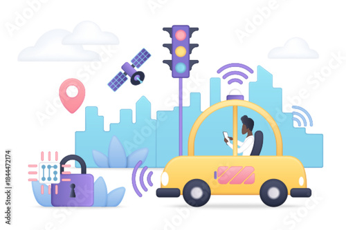 Autonomous vehicle wireless connectivity GPS navigation smart city background digital security traffic light system modern transportation innovation isolated white background vector illustration.