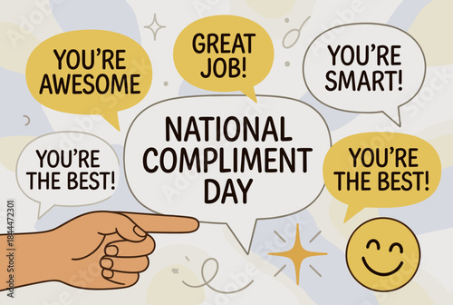 A hand pointing to speech bubbles with compliments for National Compliment Day.