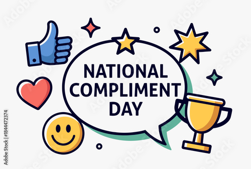 A cartoon illustration celebrating National Compliment Day with positive icons like a thumbs up, heart, smiley face, stars, and a trophy.