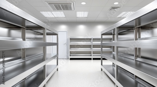 Wallpaper Mural A large empty warehouse with metal shelves and a door Torontodigital.ca