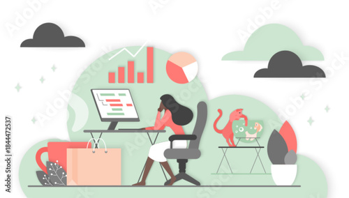 Remote work concept showing a woman at desk with computer, charts, coffee, cat, and plants, surrounded by clouds and shadows, modern lifestyle isolated on white background vector illustration